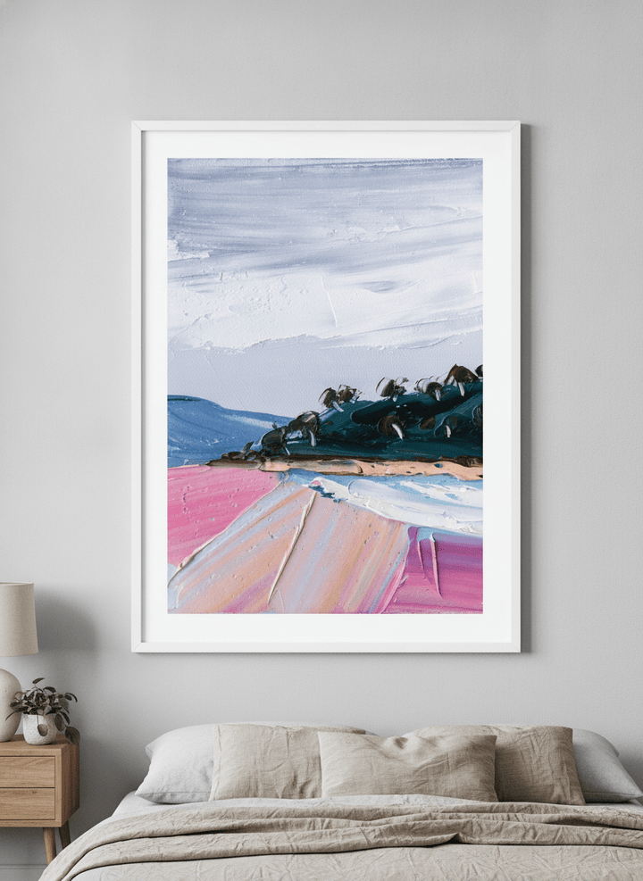 Minimalist artwork displayed in a calm, light-filled bedroom interior