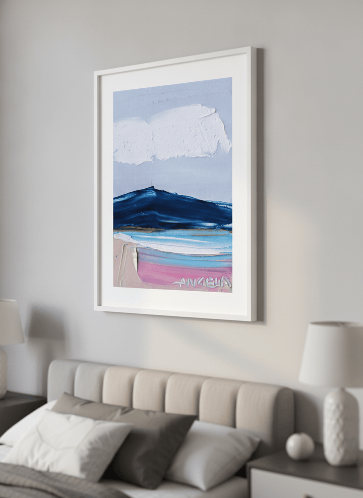 Minimalist artwork displayed in a calm, light-filled bedroom interior