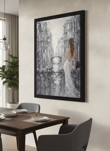 Wall art styled above a dining table in a contemporary home