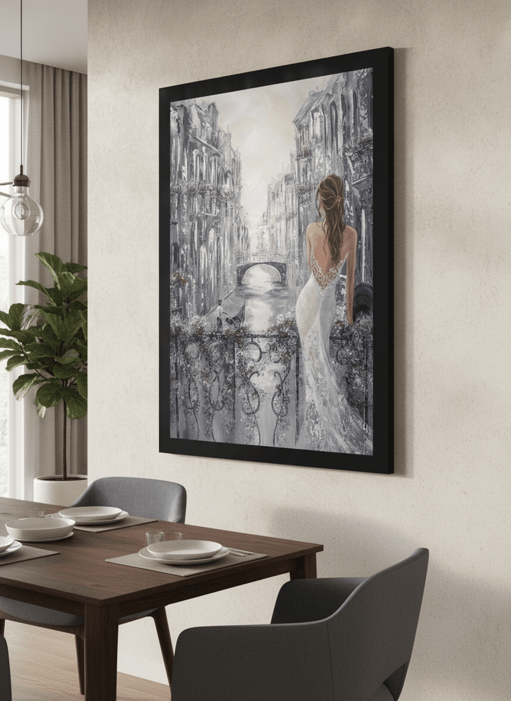 Wall art styled above a dining table in a contemporary home