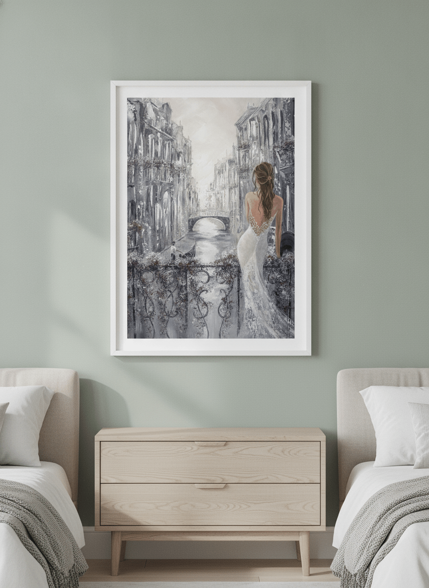 Minimalist artwork displayed in a calm, light-filled bedroom interior