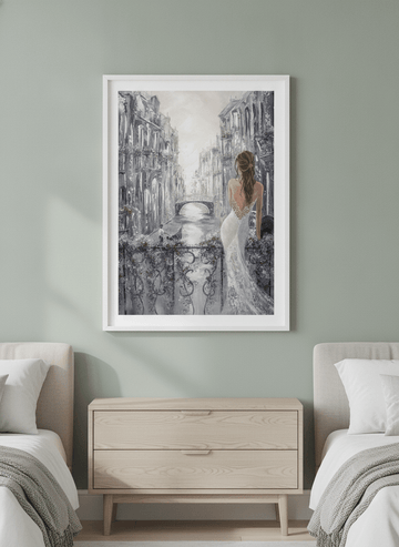Minimalist artwork displayed in a calm, light-filled bedroom interior