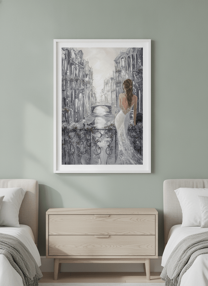 Minimalist artwork displayed in a calm, light-filled bedroom interior