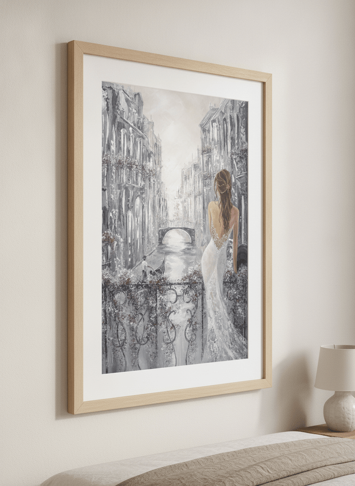 Minimalist artwork displayed in a calm, light-filled bedroom interior