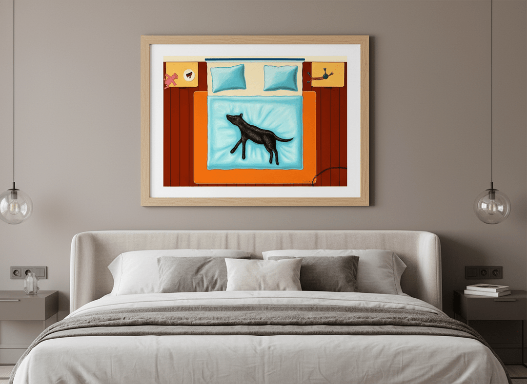 Minimalist artwork displayed in a calm, light-filled bedroom interior