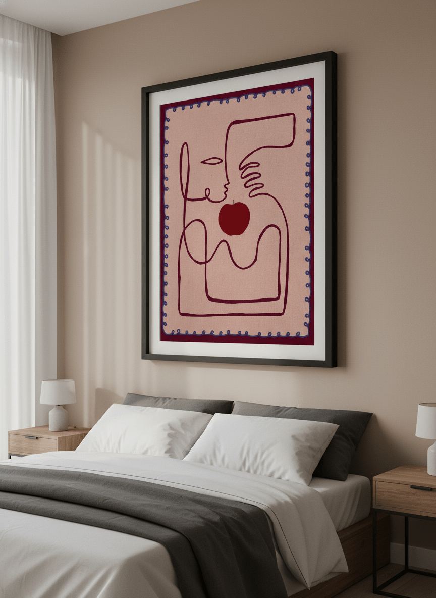 Minimalist artwork displayed in a calm, light-filled bedroom interior