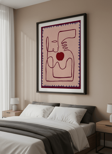 Minimalist artwork displayed in a calm, light-filled bedroom interior