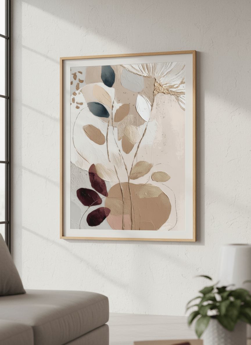 Modern wall art styled above a sofa in a neutral living room