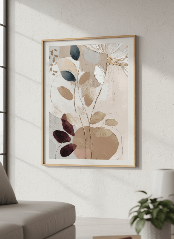 Modern wall art styled above a sofa in a neutral living room
