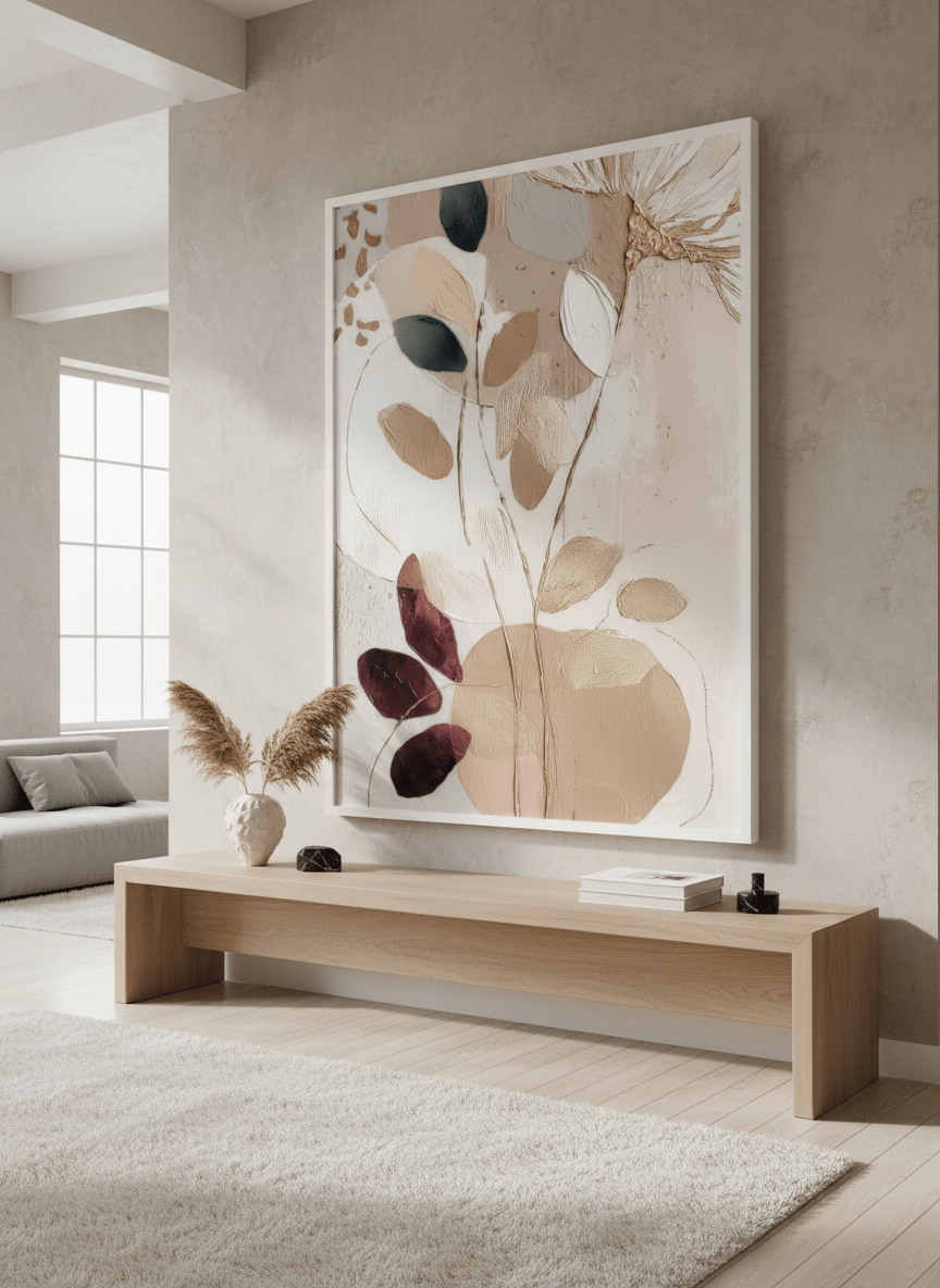 Monumental artwork centred on a feature wall in a luxe interior