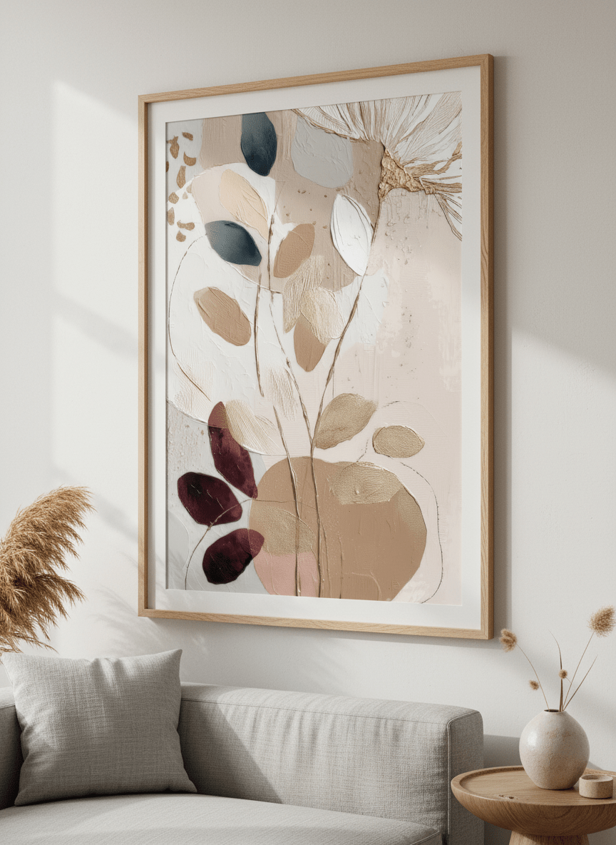 Modern wall art styled above a sofa in a neutral living room