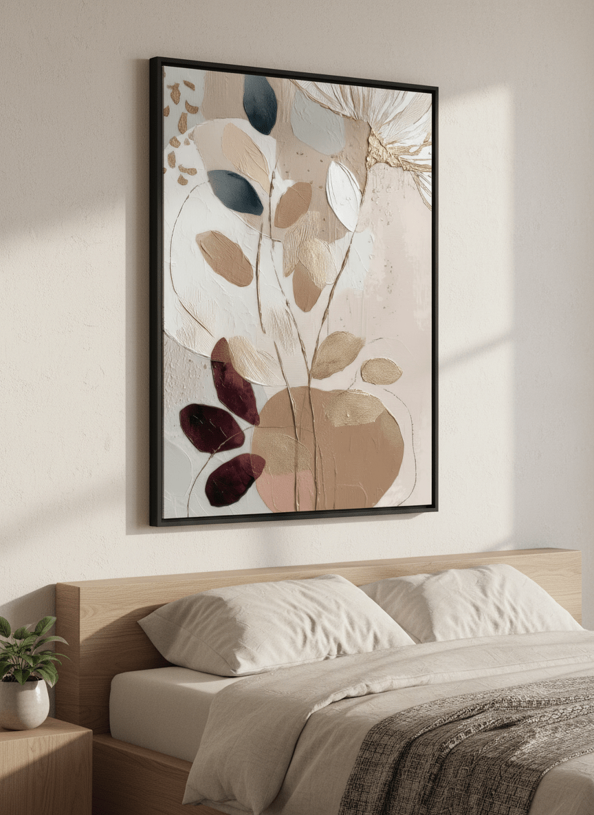 Minimalist artwork displayed in a calm, light-filled bedroom interior