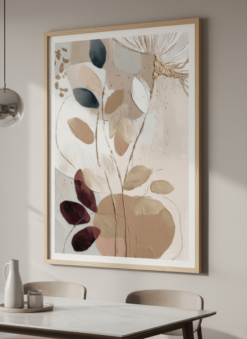 Wall art styled above a dining table in a contemporary home
