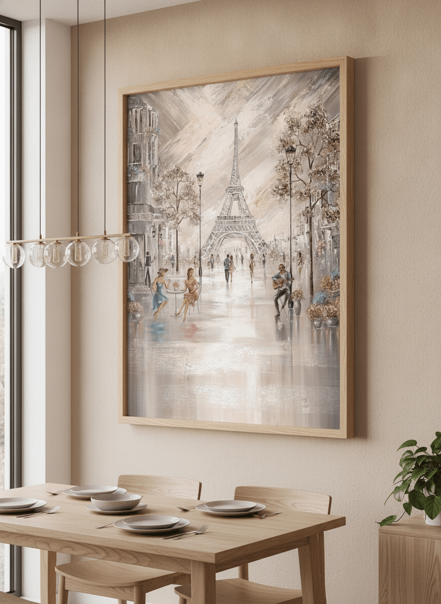 Wall art styled above a dining table in a contemporary home