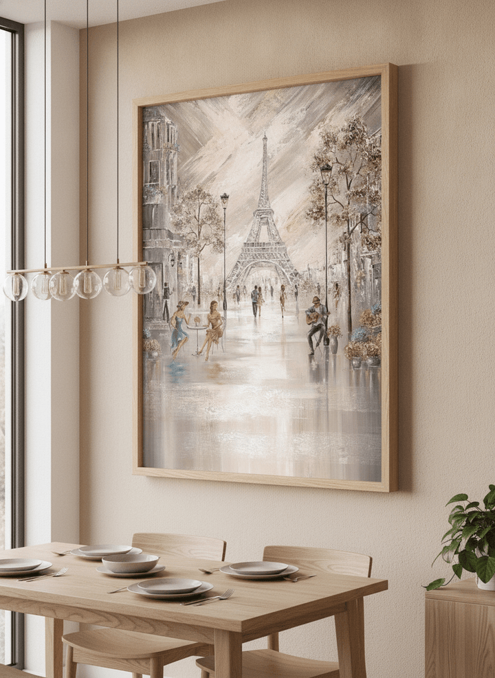 Wall art styled above a dining table in a contemporary home