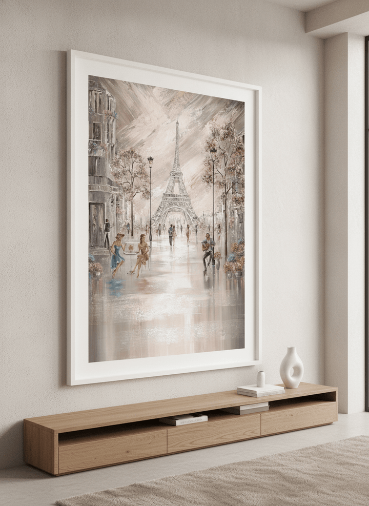 Monumental artwork centred on a feature wall in a luxe interior