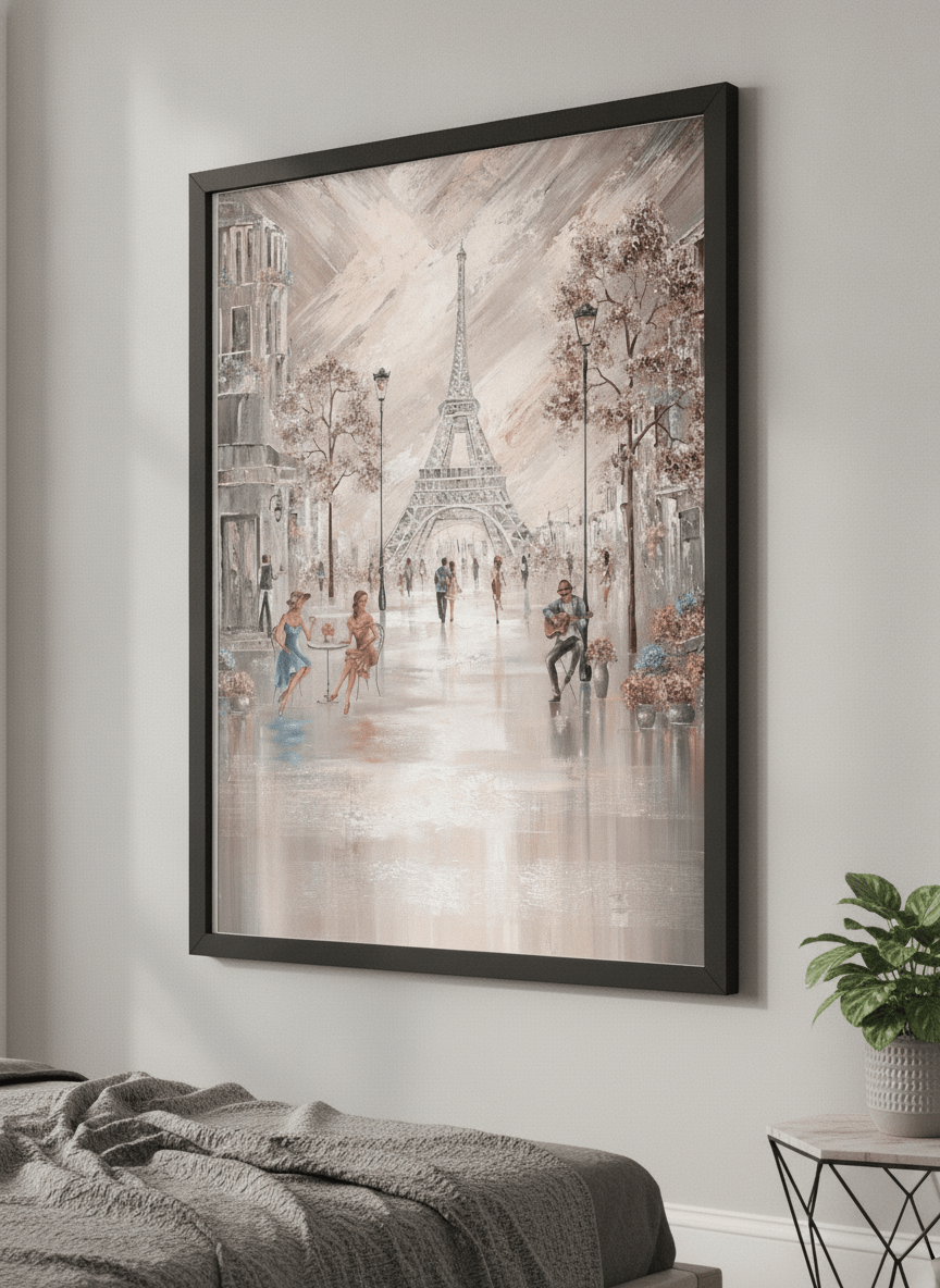 Minimalist artwork displayed in a calm, light-filled bedroom interior