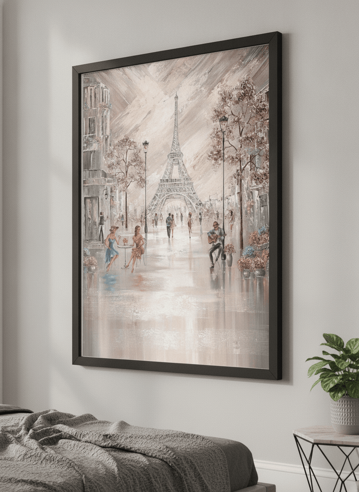 Minimalist artwork displayed in a calm, light-filled bedroom interior