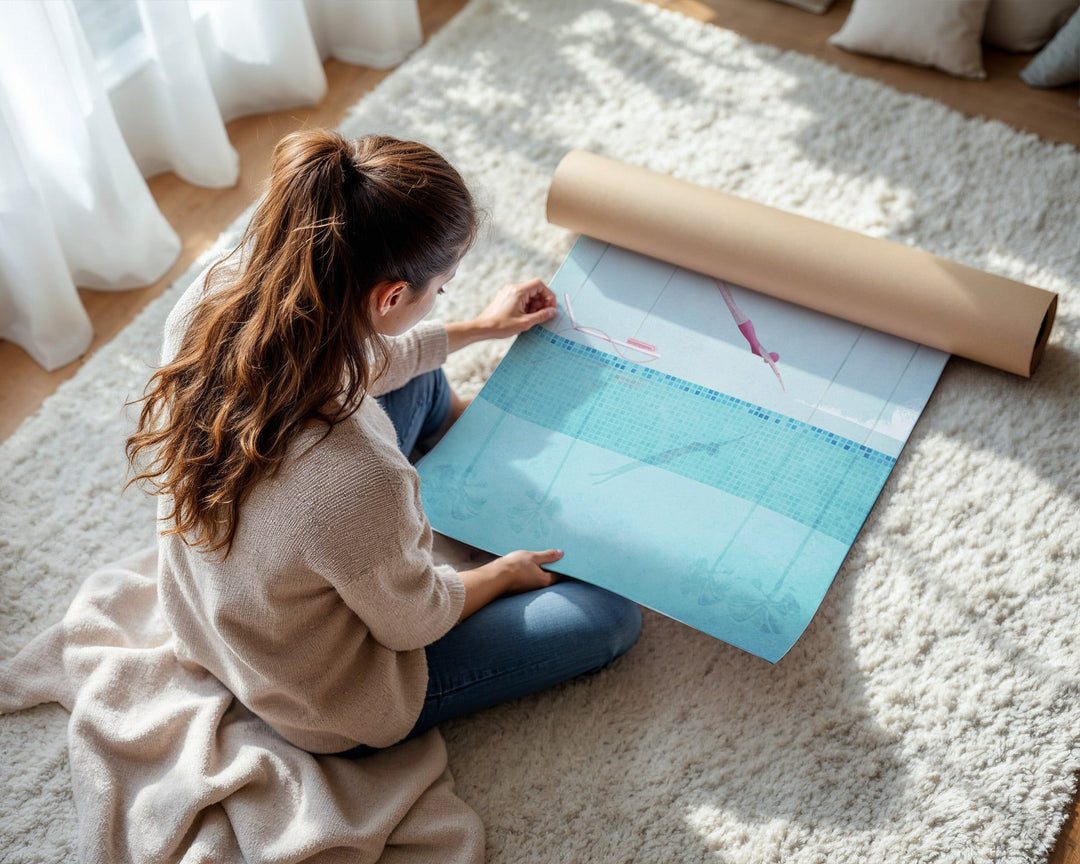 Woman sitting on a carpeted floor looking at a color swatch and paint sample