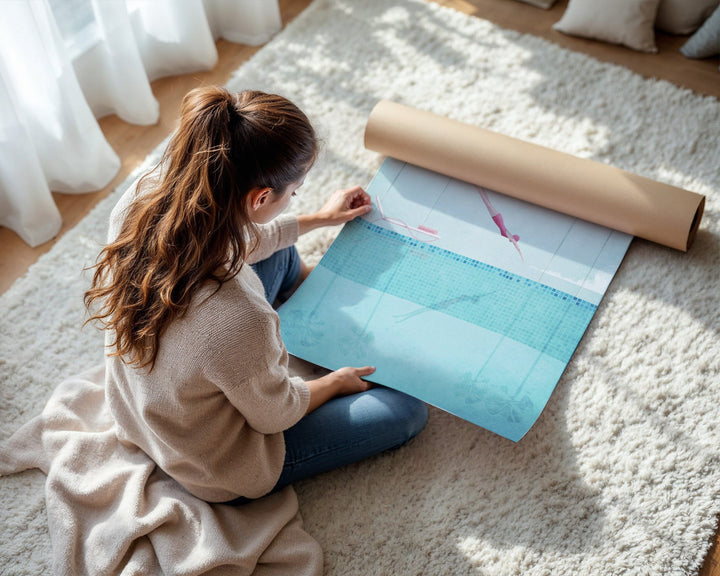 Woman sitting on a carpeted floor looking at a color swatch and paint sample