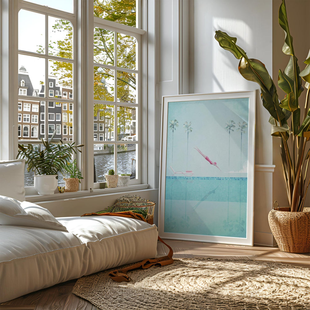 Living room with large window, sofa, and artwork