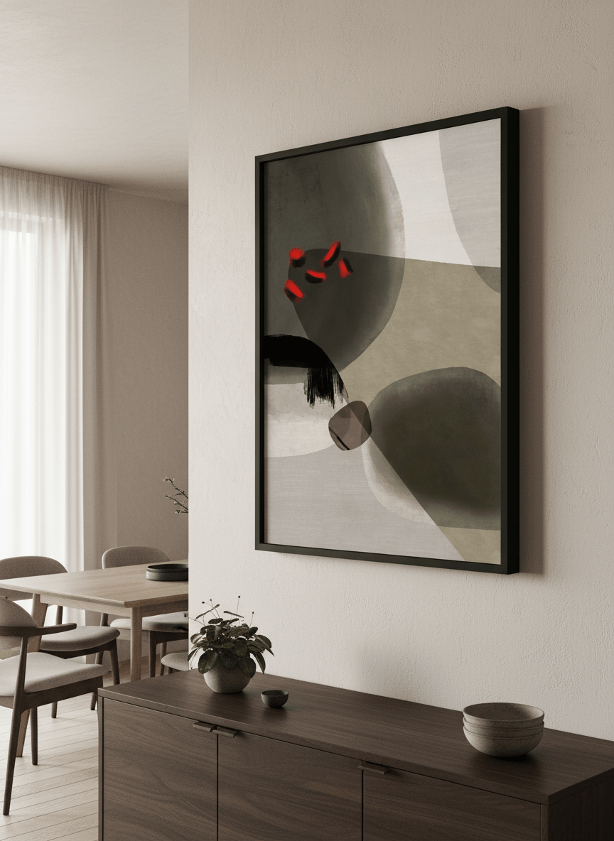 Wall art styled above a dining table in a contemporary home