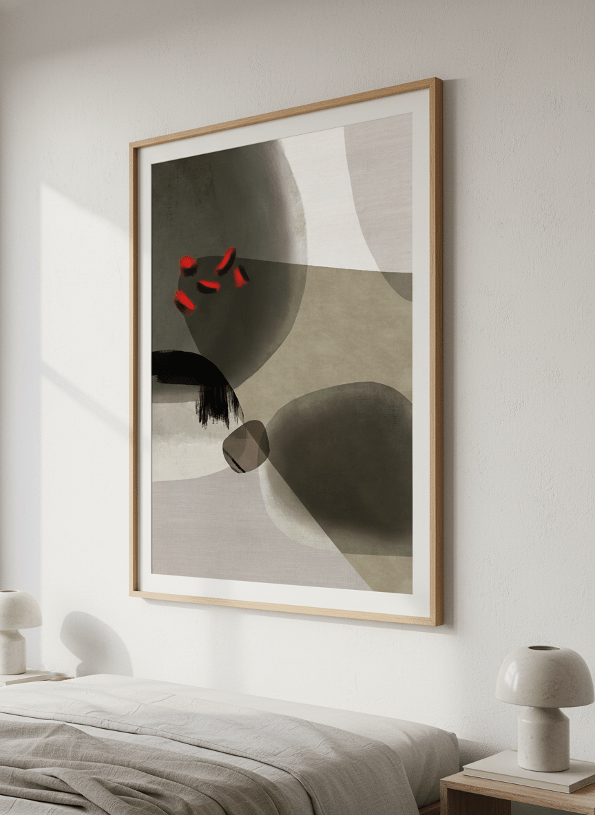Minimalist artwork displayed in a calm, light-filled bedroom interior