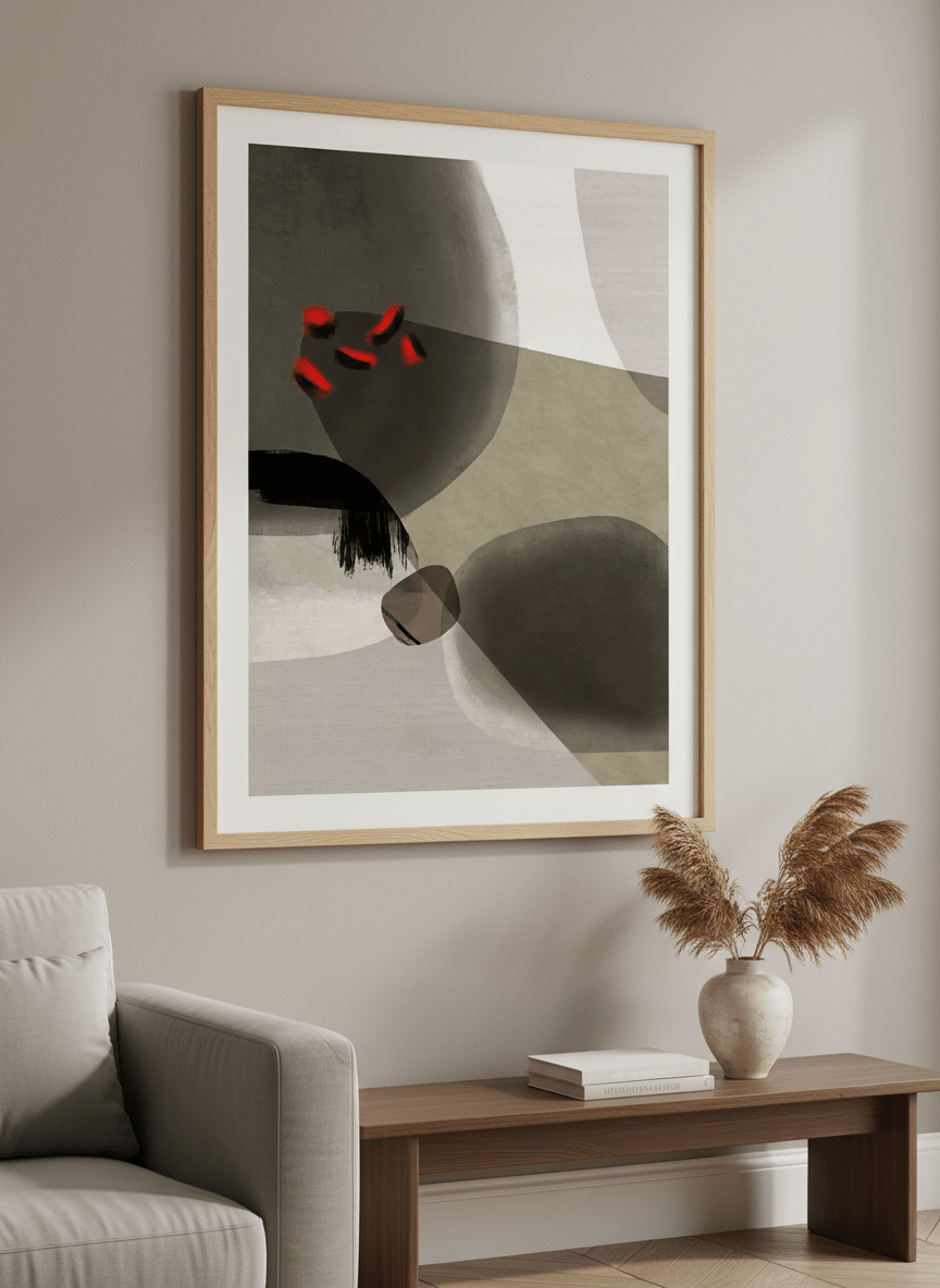 Modern wall art styled above a sofa in a neutral living room