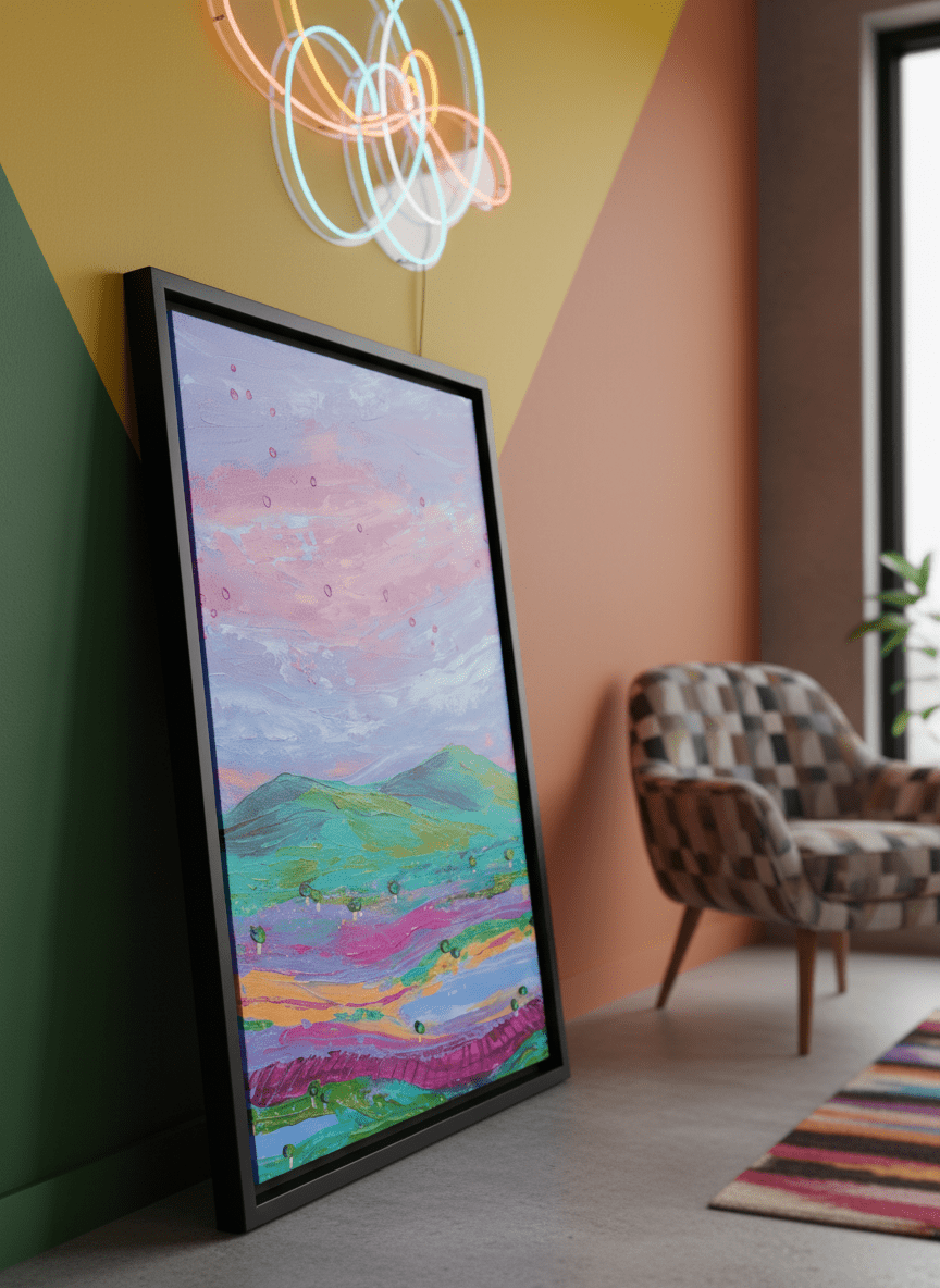 Bold wall art styled in a colourful, eclectic modern home