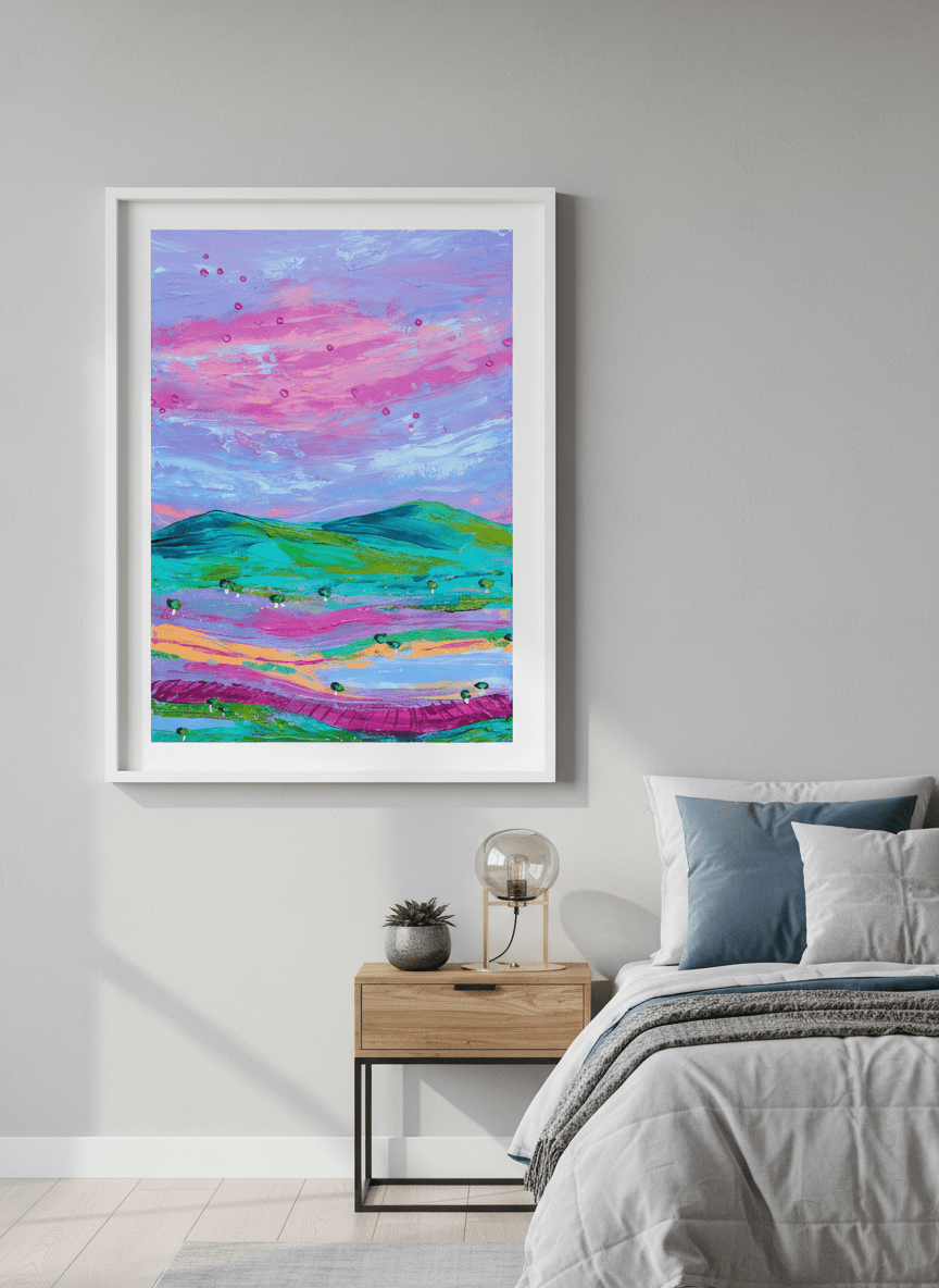 Minimalist artwork displayed in a calm, light-filled bedroom interior