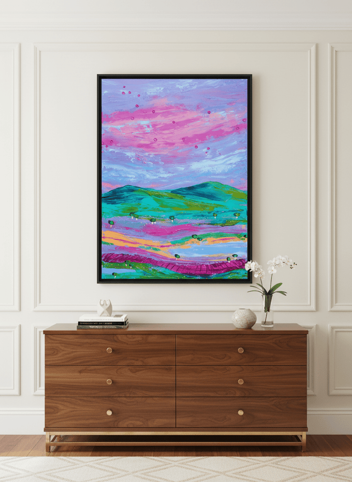 Monumental artwork centred on a feature wall in a luxe interior