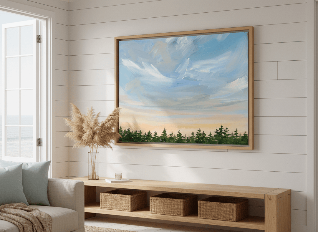 Neutral wall art displayed in a sunny coastal beach house