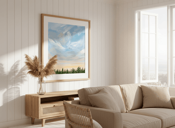 Neutral wall art displayed in a sunny coastal beach house