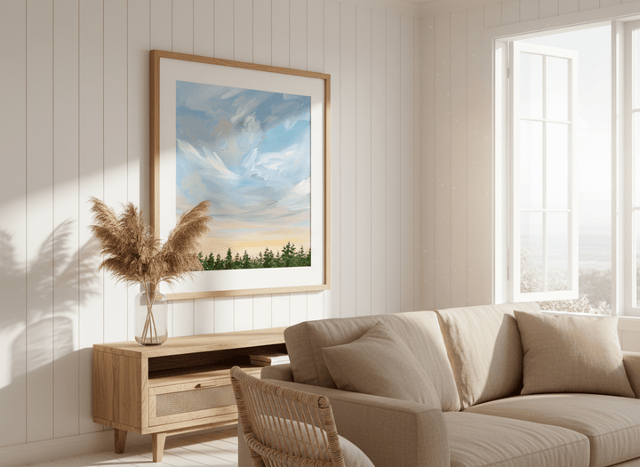 Neutral wall art displayed in a sunny coastal beach house