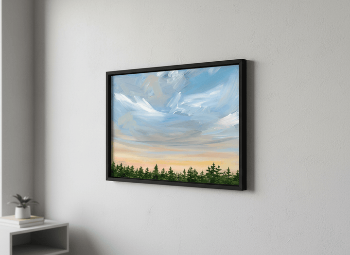 Minimalist artwork displayed in a calm, light-filled bedroom interior