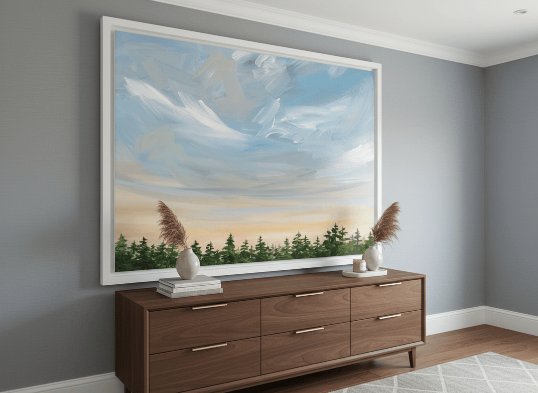 Monumental artwork centred on a feature wall in a luxe interior