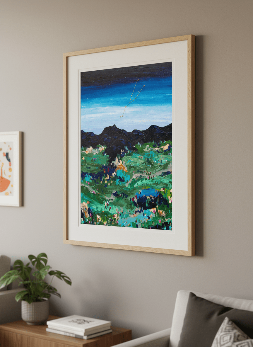 Modern wall art styled above a sofa in a neutral living room