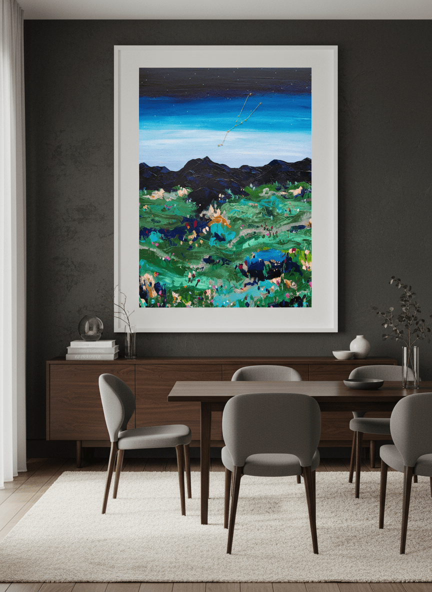 Monumental artwork centred on a feature wall in a luxe interior