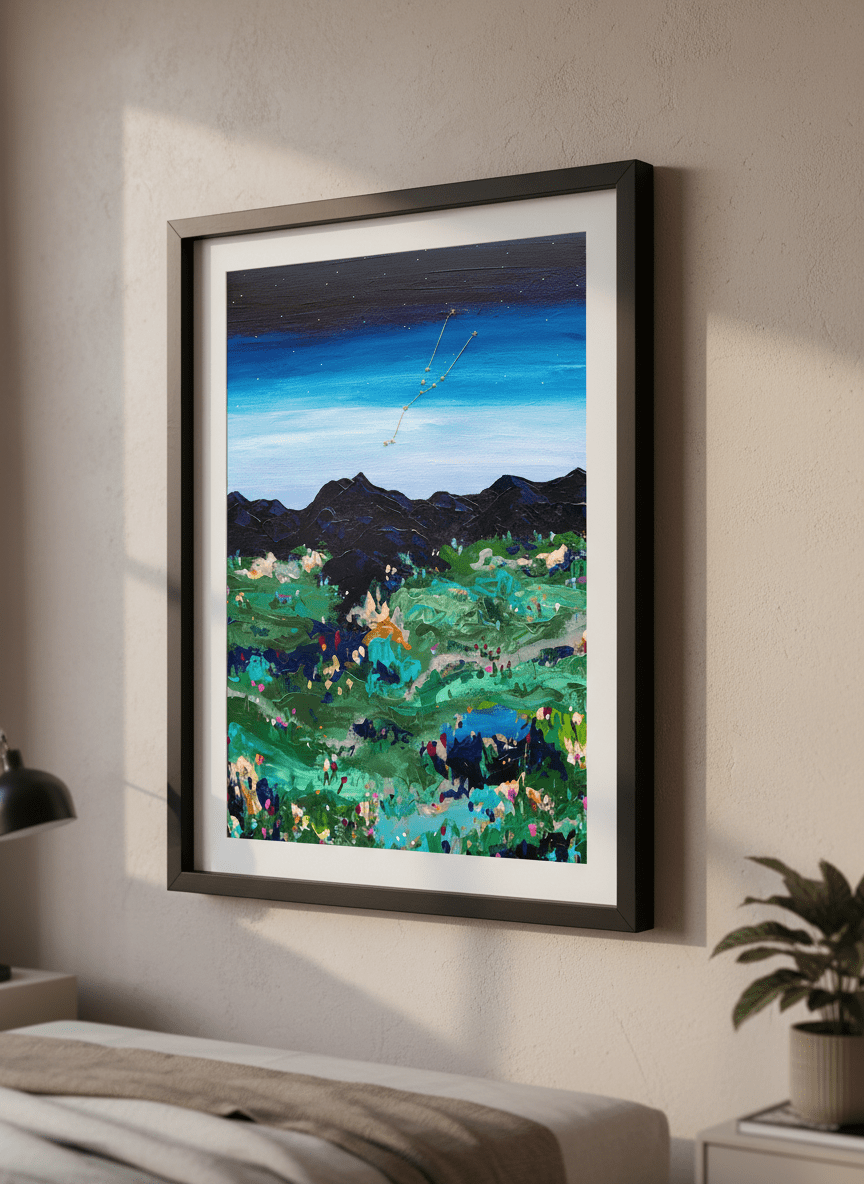 Minimalist artwork displayed in a calm, light-filled bedroom interior