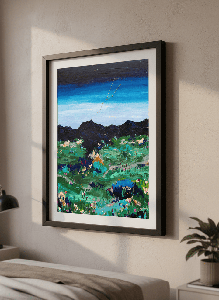 Minimalist artwork displayed in a calm, light-filled bedroom interior