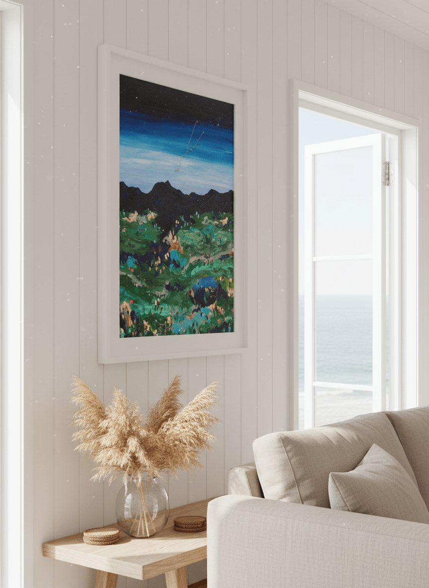Neutral wall art displayed in a sunny coastal beach house