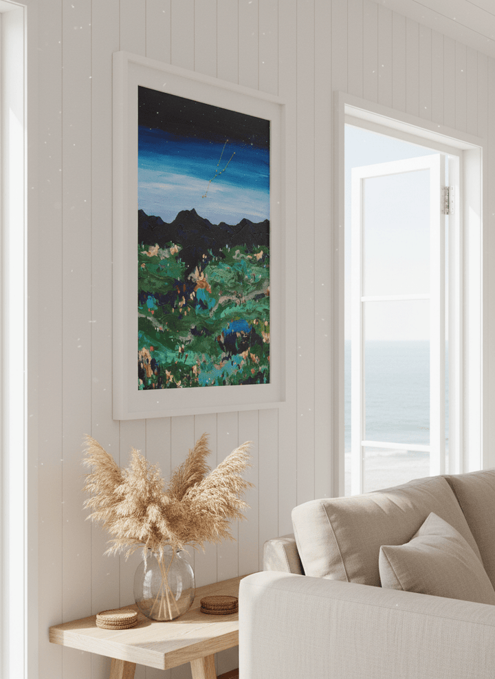 Neutral wall art displayed in a sunny coastal beach house