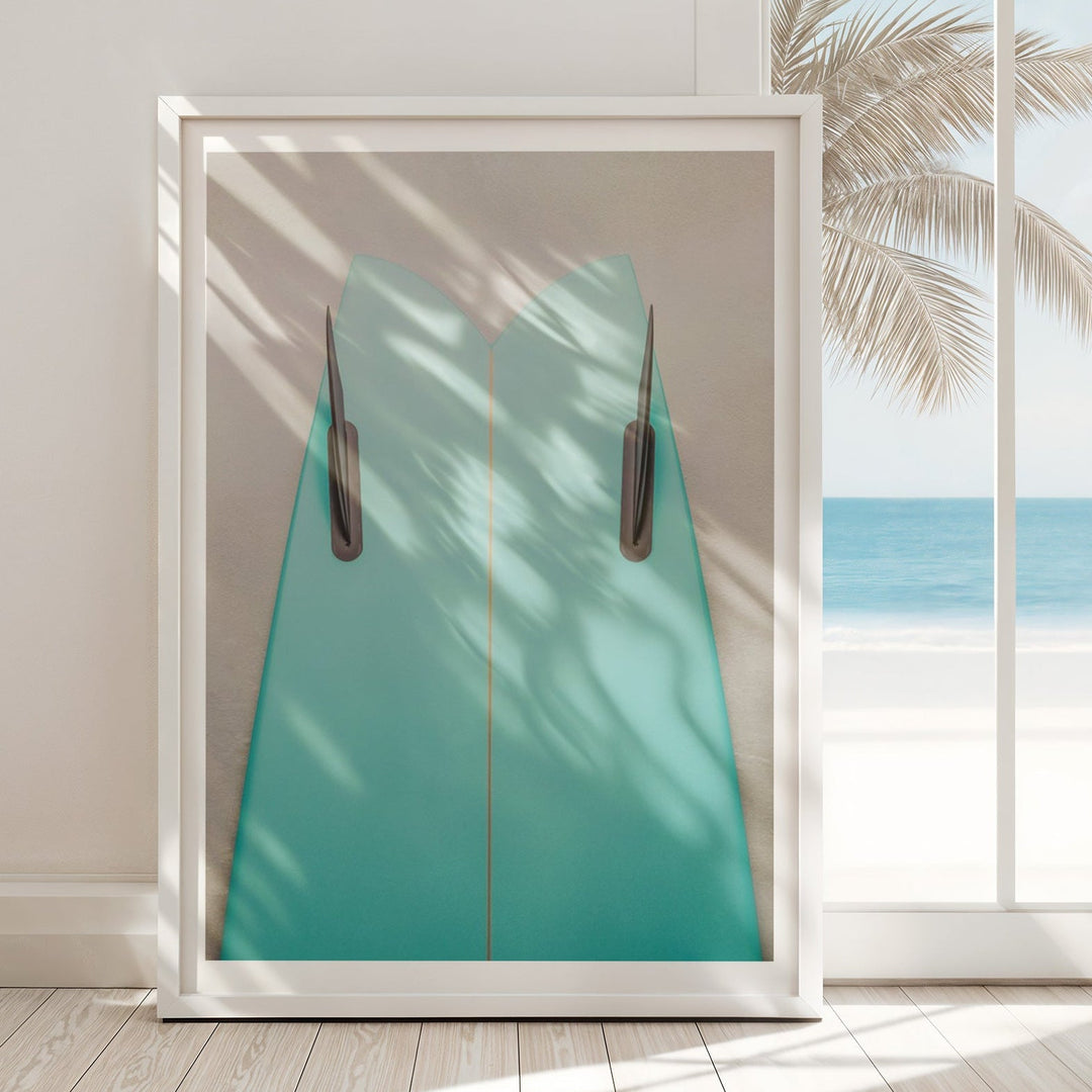 Artwork of a turquoise dress with brown straps on a white wall.