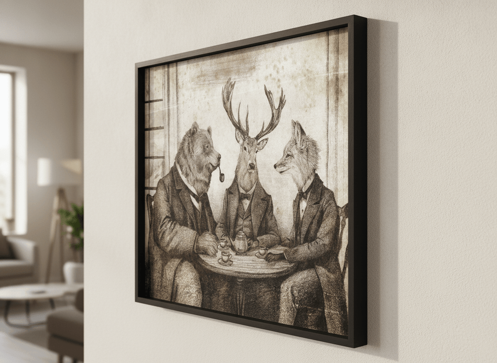Modern wall art styled above a sofa in a neutral living room