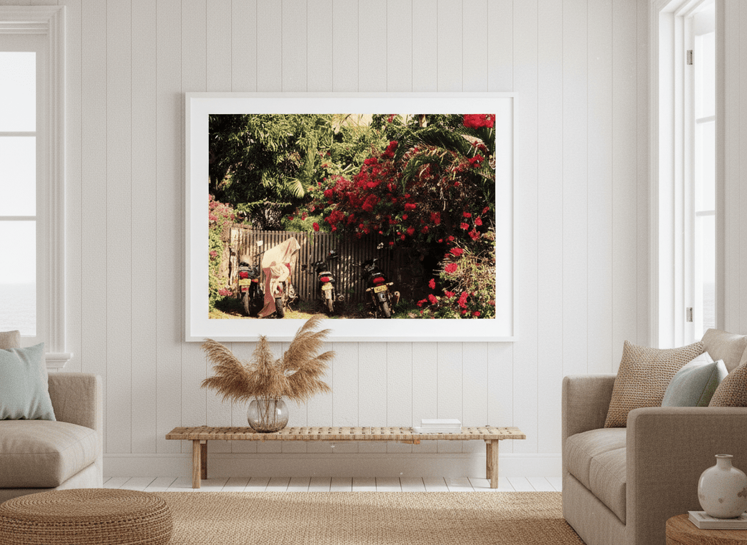 Neutral wall art displayed in a sunny coastal beach house