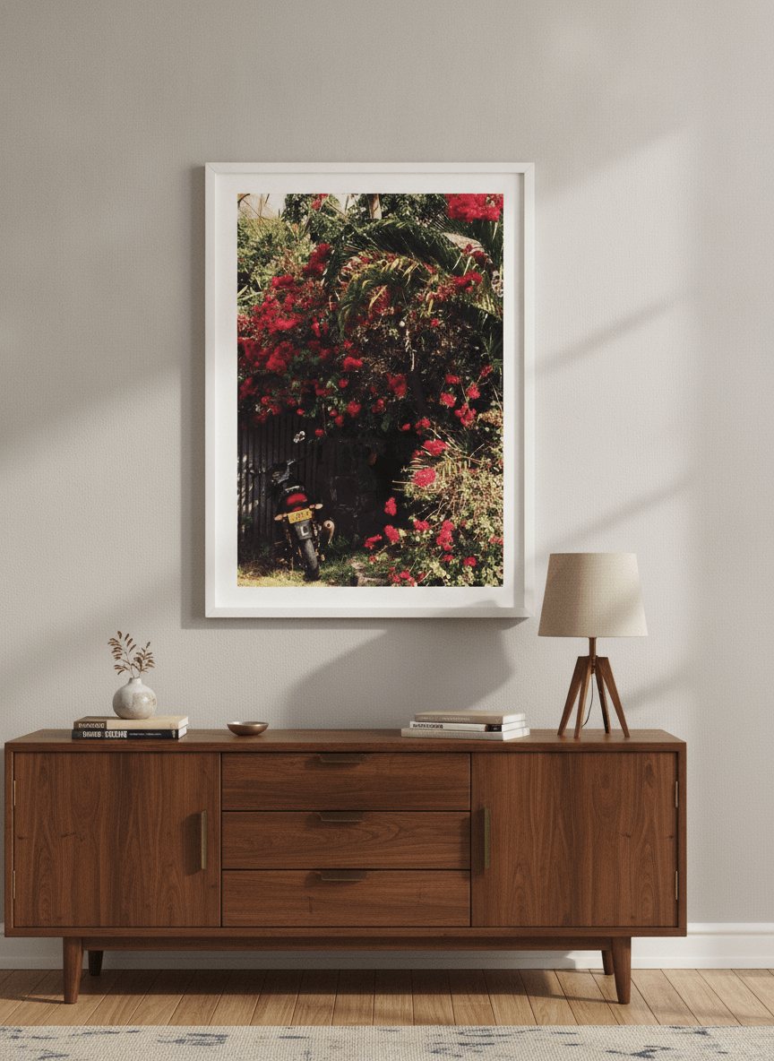 Artwork displayed above a credenza in a real-looking contemporary home