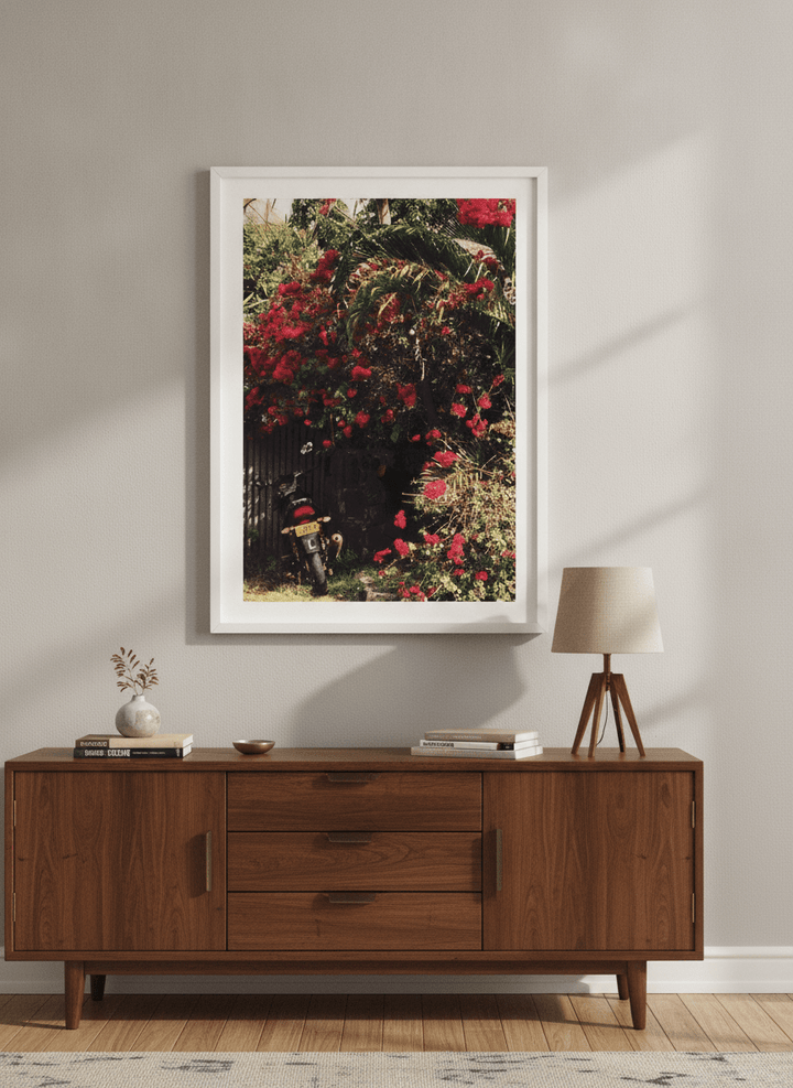 Artwork displayed above a credenza in a real-looking contemporary home