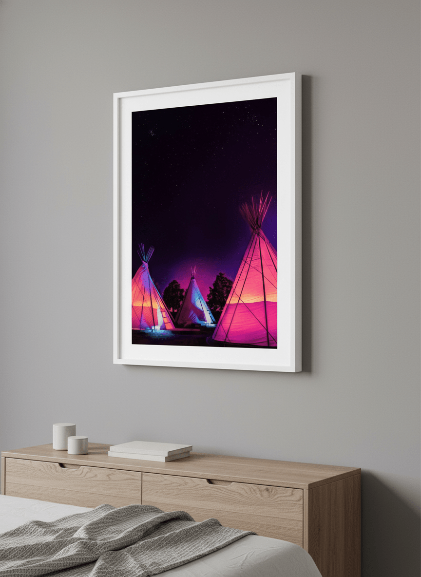 Minimalist artwork displayed in a calm, light-filled bedroom interior