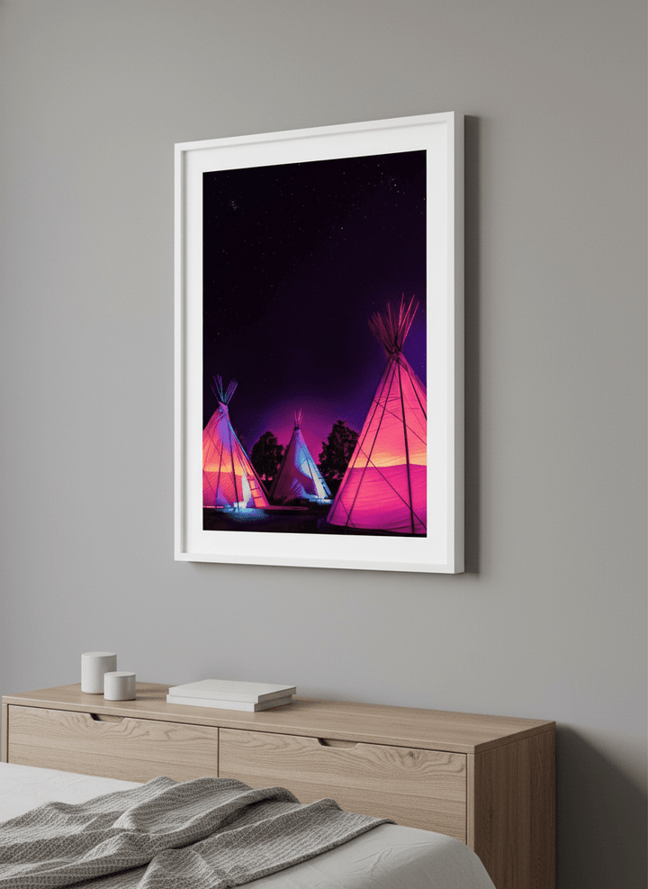 Minimalist artwork displayed in a calm, light-filled bedroom interior