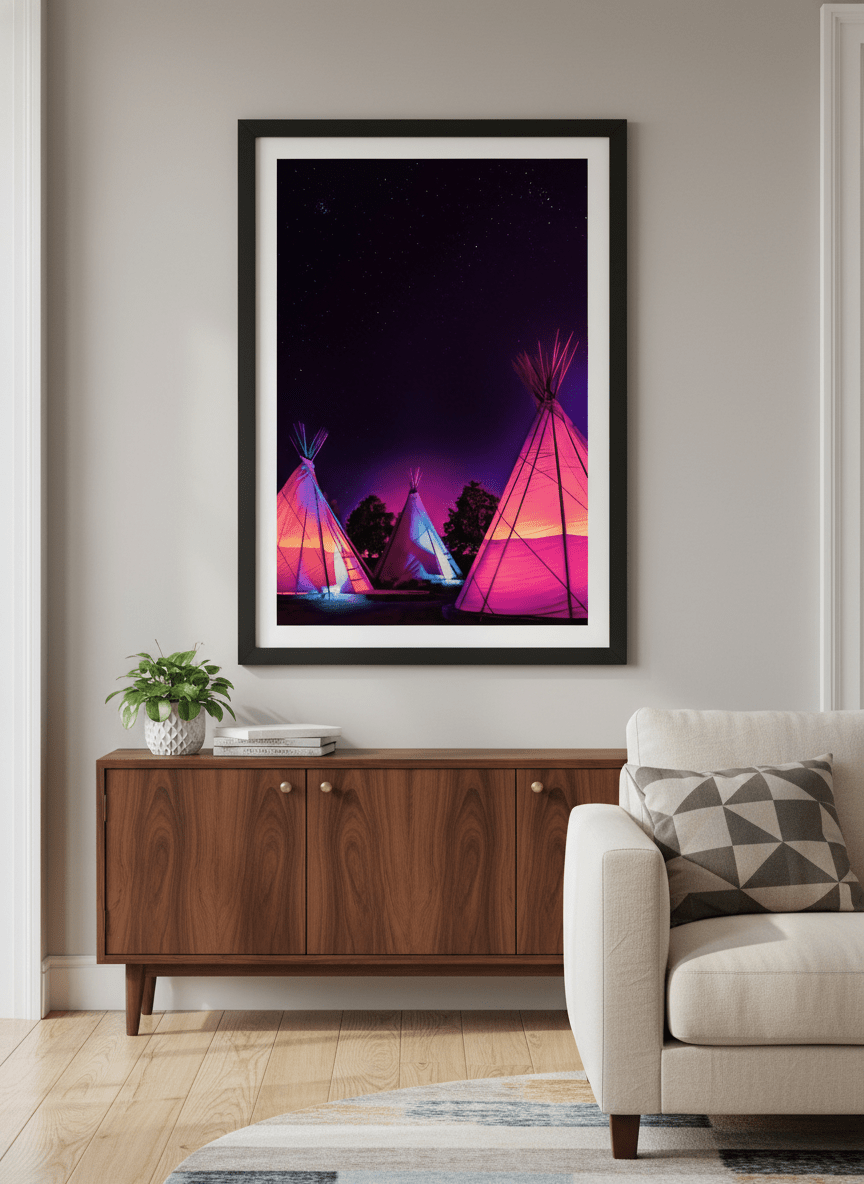 Modern wall art styled above a sofa in a neutral living room